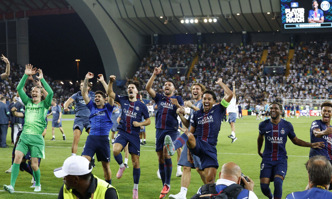 PSG celebrating during the UEFA Super Cup 2025 soccer match between Paris Saint-Germain and Tottenham Hotspur at Bluenergy Stadium on August 13th, 2025, Udine, Italy