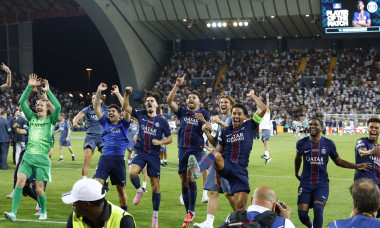 PSG celebrating during the UEFA Super Cup 2025 soccer match between Paris Saint-Germain and Tottenham Hotspur at Bluenergy Stadium on August 13th, 2025, Udine, Italy