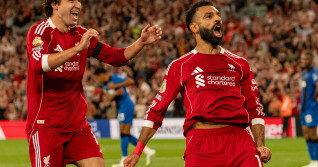 Liverpool's Mohamed Salah celebrates after scoring during the Premier League match between Liverpool and Bournemouth at Anfield, Liverpool on Friday 15th August 2025. (Photo: Steven Halliwell | MI News) Credit: MI News &amp; Sport /Alamy Live News