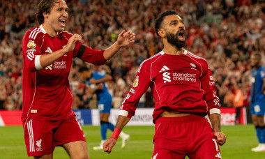 Liverpool's Mohamed Salah celebrates after scoring during the Premier League match between Liverpool and Bournemouth at Anfield, Liverpool on Friday 15th August 2025. (Photo: Steven Halliwell | MI News) Credit: MI News &amp; Sport /Alamy Live News