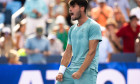 MASON, OHIO - AUGUST 15: Carlos Alcaraz of Spain celebrates after defeating Andrey Rublev during Day 9 of the Cincinnati Open at the Lindner Family Tennis Center on August 15, 2025 in Mason, Ohio. (Photo by Mauricio Paiz)