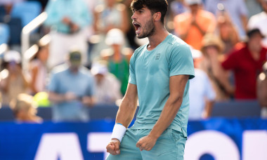 MASON, OHIO - AUGUST 15: Carlos Alcaraz of Spain celebrates after defeating Andrey Rublev during Day 9 of the Cincinnati Open at the Lindner Family Tennis Center on August 15, 2025 in Mason, Ohio. (Photo by Mauricio Paiz)