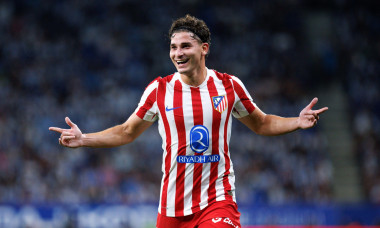 Barcelona, Spain. 17th August, 2025. Julian Alvarez celebrates after scoring a goal during the LaLiga EA Sports match between RCD Espanyol and Atletico de Madrid at the RCDE Stadium. Credit: Christian Bertrand/Alamy Live News