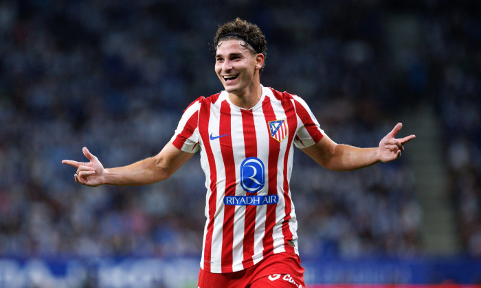 Barcelona, Spain. 17th August, 2025. Julian Alvarez celebrates after scoring a goal during the LaLiga EA Sports match between RCD Espanyol and Atletico de Madrid at the RCDE Stadium. Credit: Christian Bertrand/Alamy Live News