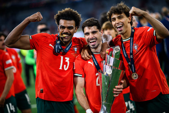 MUNICH, GERMANY - 9 JUNE, 2025: Renato Veiga, Pedro Neto, Joao Felix - The final match UEFA Nations League 2025 Portugal vs Spain at Allianz Arena.