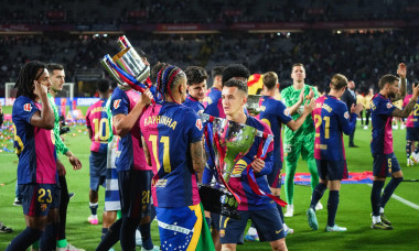 Barcelona, Spain. 19th May, 2025. Raphael Dias Belloli Raphinha with Marc Casado of FC Barcelona celebrate after the match during the La Liga EA Sports match between FC Barcelona and Villarreal CF played at Lluis Companys Stadium on 18 May 2025 in Barcelo