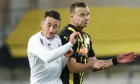 GOTHENBURG, SWEDEN 20250821CFR Cluj's Alin Fică and Häcken's Marius Lode during the UEFA Conference League playoff soccer match between BK Häcken and CFR Cluj at Hisingen Arena (Bravida Arena) , in Gothenburg, Sweden, on Aug. 21, 2025. Photo: Adam Ihse /