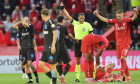 FCSB Juri Cisotti fouls Aberdeen's Nicolas Milanovic to receive a red card and be sent off during the UEFA Europa League play-off match at Pittodrie Stadium, Aberdeen. Picture date: Thursday August 21, 2025.