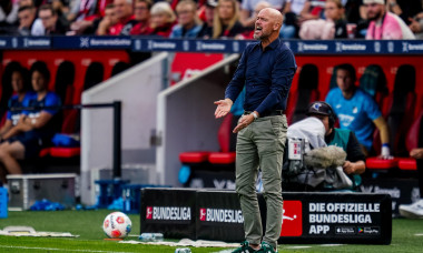 LEVERKUSEN, GERMANY - AUGUST 23: Bayer 04 Leverkusen head coach Erik ten Hag gestures during the Bundesliga match between Bayer 04 Leverkusen and TSG Hoffenheim at BayArena on August 23, 2025 in Leverkusen, Germany. (Photo by Rene Nijhuis)
