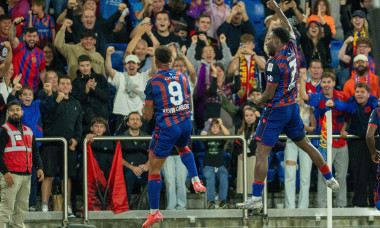 Basel, Switzerland. 06th Aug, 2025. Basel, Switzerland, August 06th 2025 Kevin Carlos (9 FC Basel 1893) and Philip Otele (7 FC Basel 1893) celebrates after scoring her team's goal during the Brack Super League game between - FC Basel and BSC Young Boys at