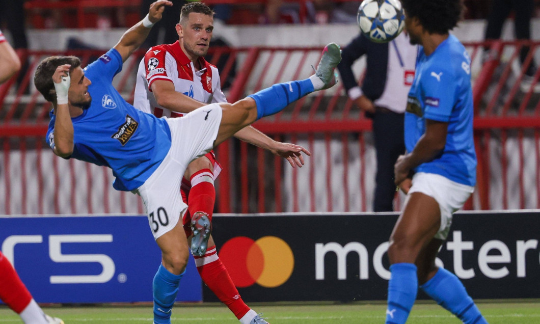 19.08.2025 Belgrade FK Crvena Zvezda(FC Red Star)-FC Pafos Champions league play off men s football Vlad Dragomir(L) Paf