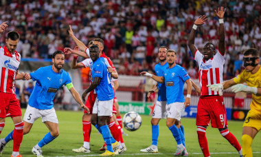 19.08.2025 Belgrade FK Crvena Zvezda(FC Red Star)-FC Pafos Champions league play off men s football David Goldar(2L),Bru