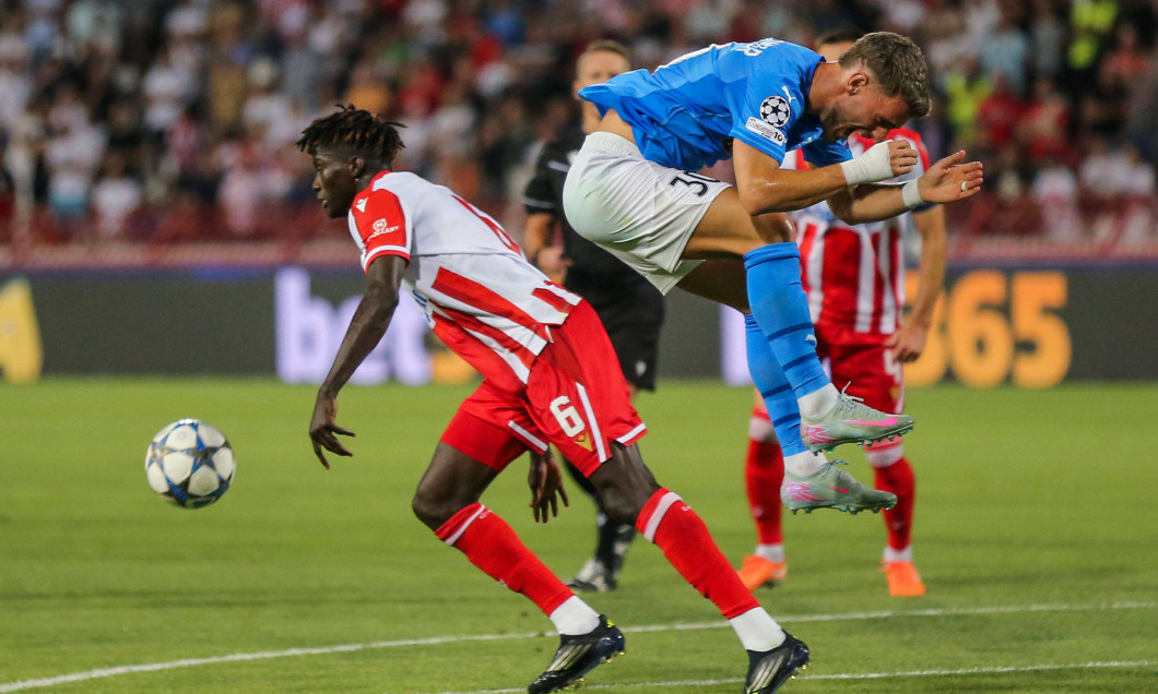 19.08.2025 Belgrade FK Crvena Zvezda(FC Red Star)-FC Pafos Champions league play off men s football Vlad Dragomir(R) Paf