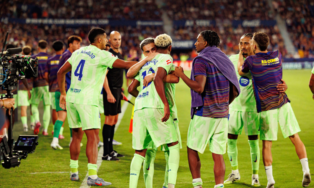 Lamine Yamal and Gavi seen celebrating after goal during LaLiga EA SPORTS game between teams of UD Levante and FC Barcelona at Estadio Ciudad de Va