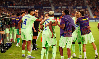 Lamine Yamal and Gavi seen celebrating after goal during LaLiga EA SPORTS game between teams of UD Levante and FC Barcelona at Estadio Ciudad de Va