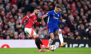 Manchester United's Bruno Fernandes (left) and Athletic Bilbao's Alvarez Yeray battle for the ball during the UEFA Europa League semi-final second leg match at Old Trafford, Manchester. Picture date: Thursday May 8, 2025.