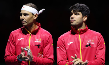Malaga, UK. 19 November, 2024. Rafael Nadal and Carlos Alcaraz, of Spain, listen to their country's anthem ahead of the 2024 Davis Cup quarter finals against Netherlands, at Palacio de Deportes Jose Maria Martin Carpena Arena in Malaga. Credit: Isabel Inf