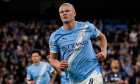 Manchester, England, 18th September 2025. Erling Haaland of Manchester City celebrates his goal to make it 1-0 during the Manchester City vs Napoli UEFA Champions League match at the Etihad Stadium, Manchester. Picture credit should read: Andrew Yates / S