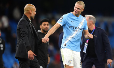 Manchester City's Erling Haaland (right) celebrates with manager Pep Guardiola after the final whistle in the UEFA Champions League league phase match at Etihad Stadium, Manchester. Picture date: Thursday September 18, 2025.