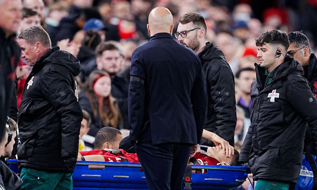 Liverpool's Giovanni Leoni is stretched off after being injured during the Carabao Cup third round match at Anfield, Liverpool. Picture date: Tuesday September 23, 2025.