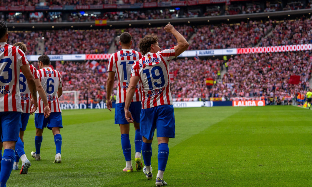 Julian Alvarez (Atlético de Madrid &amp; Argentina striker N19) celebrates a goal during La Liga EA Sports game between Atlético de Madrid and Real Madrid at Estadio Riyadh Air Metropolitano, on September 27, 2025, Madrid, Spain.