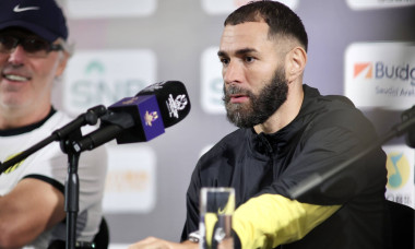 HONG KONG, CHINA - AUGUST 18: Karim Benzema (R) of Al Ittihad and Team head coach Laurent Blanc (L) of Al Ittihad meet m