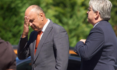 Bucharest, Romania. 29th Aug, 2025: Businessman Dan Sucu (L), president of the Concordia Employers Confederation, prepares to make press statements at the end of the National Tripartite Council for Social Dialogue meeting, at Victoria Palace, the Romanian