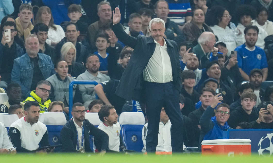 Jose Mourinho waves to Chelsea who sing his name during the UEFA Champions League match Chelsea vs Benfica at Stamford Bridge, London, United Kingdom, 30th September 2025 (Photo by Harvey Murphy/News Images)