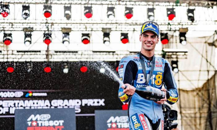 Mandalika, Indonesia. 04th Oct, 2025. Gresini Racing MotoGP rider Fermin Aldeguer seen on the podium after the sprint race at the 2025 Pertamina Grand Prix. Credit: SOPA Images Limited/Alamy Live News