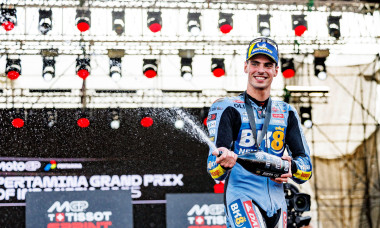Mandalika, Indonesia. 04th Oct, 2025. Gresini Racing MotoGP rider Fermin Aldeguer seen on the podium after the sprint race at the 2025 Pertamina Grand Prix. Credit: SOPA Images Limited/Alamy Live News