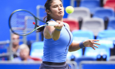 WUHAN, CHINA - OCTOBER 07: Emma Raducanu of Great Britain returns a shot in the Women s Singles Round of 64 match agains