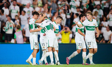 Elche, Spain. 29th Aug, 2025. ELCHE, SPAIN - AUGUST 29: Rodrigo Mendoza of Elche CF celebrates after scoring his team's second goal during to the LaLiga EA Sports match between Elche CF and Levante UD at Manuel Martinez Valero Stadium on August 29, 2025 i