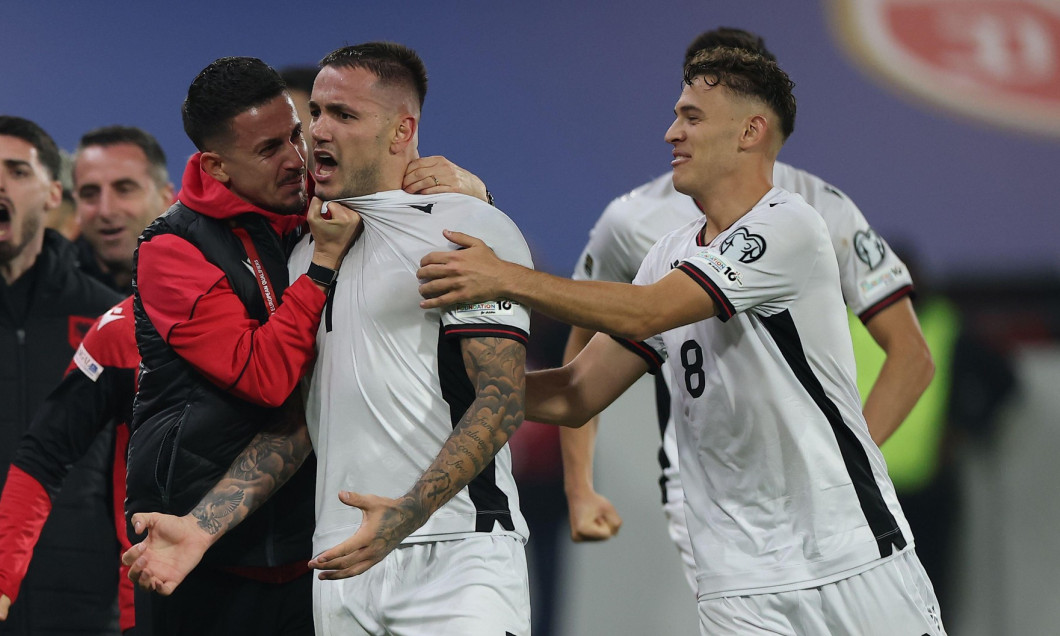 Leskovac, Serbia. 11th Oct, 2025. Albania's Rey Manaj Celebrating with other players after scoring a goal during the Group K World Cup 2026 European Qualifiers football match between Serbia and Albania on October 11. 2025. in Leskovac, Serbia. (photo by P