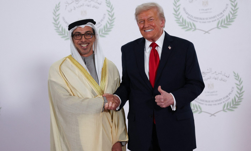 Sheikh Mansour bin Zayed Al Nahyan, UAE Vice President and Deputy Prime Minister (left) shakes hands with US President Donald Trump during the Sharm El Sheikh Peace Summit in Egypt. Picture date: Monday October 13, 2025.