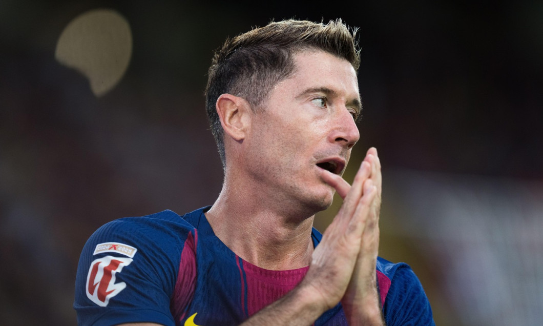 Barcelona, Spain, on September 28, 2025. FC Barcelona player (9) Robert Lewandowski reacts after scoring chance during LaLiga EA Sports match between FC Barcelona and Real Sociedad in Estadi Olimpic Lluis Companys, Barcelona, Spain, on September 28, 2025.