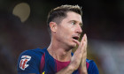 Barcelona, Spain, on September 28, 2025. FC Barcelona player (9) Robert Lewandowski reacts after scoring chance during LaLiga EA Sports match between FC Barcelona and Real Sociedad in Estadi Olimpic Lluis Companys, Barcelona, Spain, on September 28, 2025.