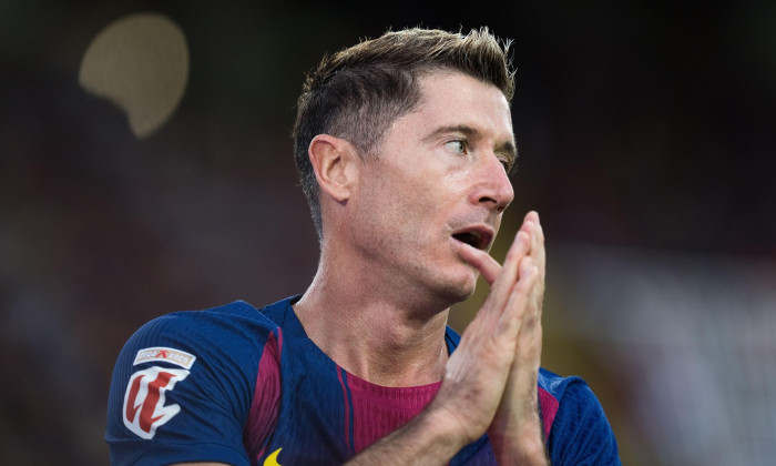 Barcelona, Spain, on September 28, 2025. FC Barcelona player (9) Robert Lewandowski reacts after scoring chance during LaLiga EA Sports match between FC Barcelona and Real Sociedad in Estadi Olimpic Lluis Companys, Barcelona, Spain, on September 28, 2025.