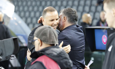 Udine, Italy. 14th Oct, 2025. Italia's head coach IVAN GENNARO GATTUSO and Israel's head coach RAN BEN SHIMON during the 2026 FIFA World Cup qualification football match between Italia and Israel at Bluenergy Stadium on October 14th, 2025, Udine, Italy Cr