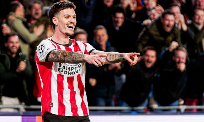 Dennis Man of PSV Eindhoven celebrates after scoring his teams third goal during the UEFA Champions League 2025/26 League Phase MD3 match between PSV Eindhoven and SSC Napoli at PSV Stadion on October 21, 2025 in Eindhoven, Netherlands. (Credit: Kevin Sen