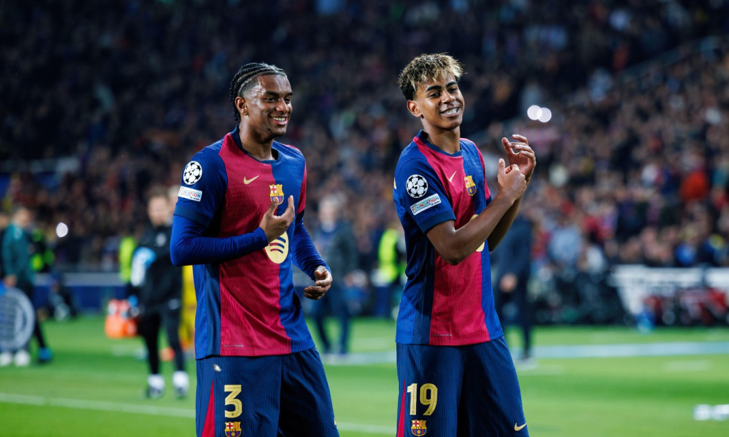 Barcelona, Spain. 9th Apr, 2025. Balde (L) and Lamine Yamal (R) celebrate a goal during the UEFA Champions League match between FC Barcelona and Borus