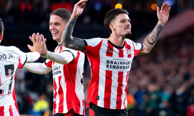 EINDHOVEN, NETHERLANDS - OCTOBER 21: Dennis Man of PSV celebrates after scoring the team's fourth goal during the UEFA Champions League 2025/26 League Phase MD3 match between PSV and SSC Napoli at Philips Stadion on October 21, 2025 in Eindhoven, Netherla