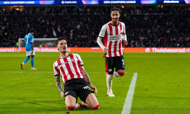 EINDHOVEN, NETHERLANDS - OCTOBER 21: Dennis Man of PSV celebrates after scoring his teams fourth goal during the UEFA Champions League 2025/26 League Phase MD3 match between PSV and SSC Napoli at Philips Stadion on October 21, 2025 in Eindhoven, Netherlan