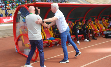 AHIDJO, CAMEROON - NOVEMBER 19: Coach Marc Brys of Cameroon and Michael Nees of Zimbabwe during the Men s 2025 Africa Cu