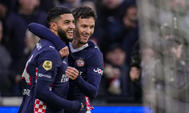 ROTTERDAM, NETHERLANDS - OCTOBER 26: Ismael Saibari of PSV celebrates after scoring his teams third goal with Dennis Man of PSV during the Dutch Eredivisie match between Feyenoord and PSV at Stadion Feijenoord on October 26, 2025 in Rotterdam, Netherlands