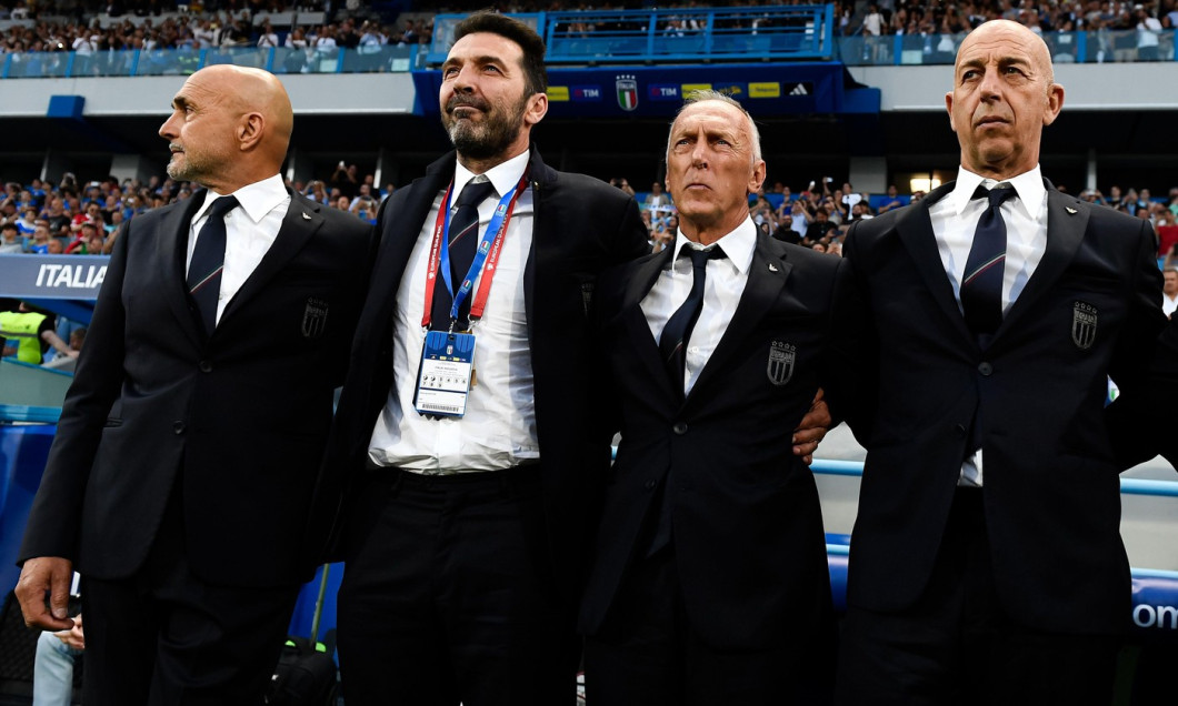 Luciano Spalletti, Gianluigi Buffon and staff members sing the anthem during the FIFA 2026 Qualifier football match between Italy and Moldova at Citta del Tricolore stadium in Reggio Emilia (Italy), June 9, 2025.