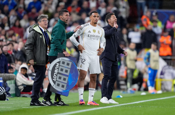 Real Madrid substitute Trent Alexander-Arnold waits to replace Arda Guler during the UEFA Champions League, league stage match at Anfield, Liverpool. Picture date: Tuesday November 4, 2025.