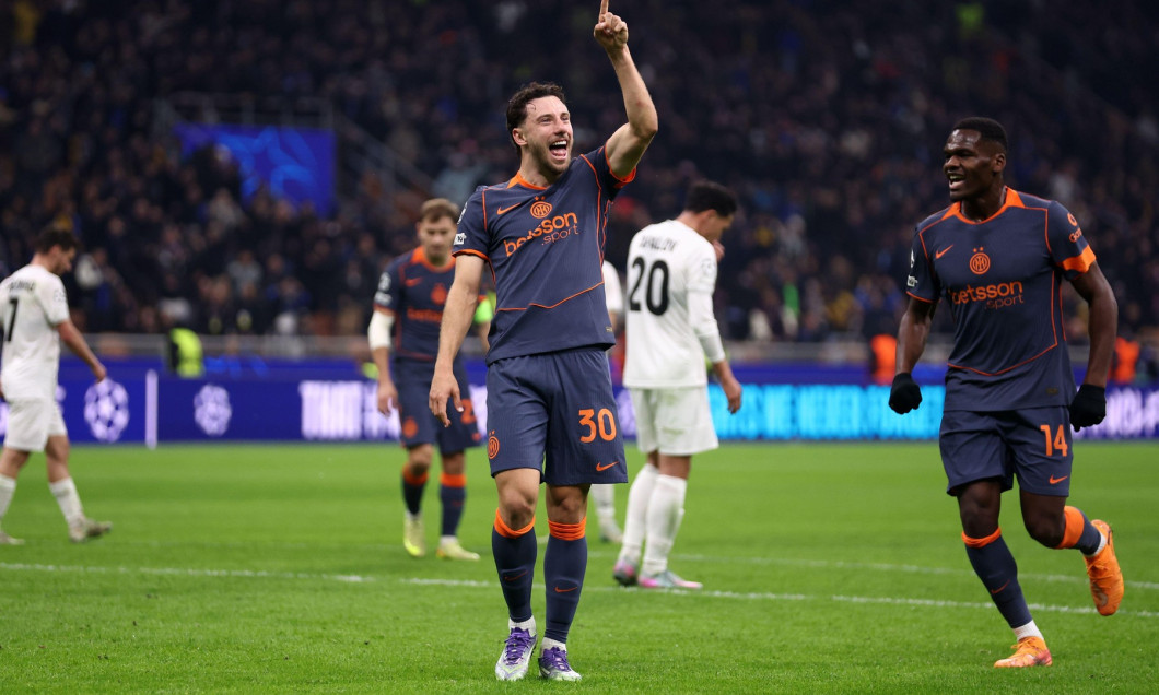Carlos Augusto of Fc Internazionale celebrates after scoring a goal during the UEFA Champions League Phase MD4 match between FC Internazionale and Kairat Almaty at Stadio Giuseppe Meazza (San Siro) on November 5 2025 in Milan, Italy .