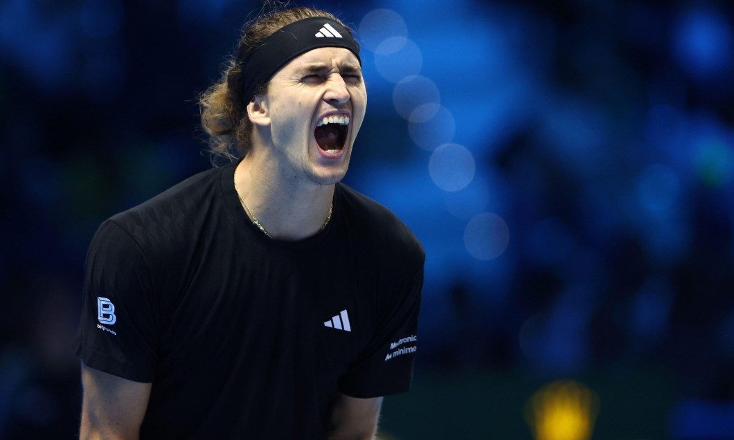 Alexander Zverev of Germany celebrates at the end of the Round Robin singles match between Alexander Zverev of Germany and Ben Shelton of Usa on Day One of the Nitto ATP World Tour Finals.