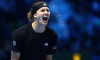 Alexander Zverev of Germany celebrates at the end of the Round Robin singles match between Alexander Zverev of Germany and Ben Shelton of Usa on Day One of the Nitto ATP World Tour Finals.