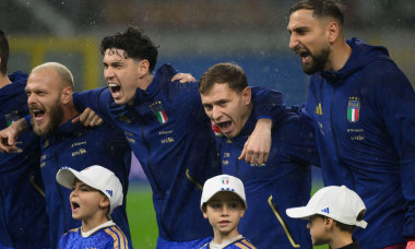 Federico Dimarco, Alessandro Bastoni, Nicolo Barella and Gianluigi Donnarumma of Italy sing the national anthem during the FIFA 2026 european Qualifier football match between Italy and Norway at San Siro stadium in Milano (Italy), November 16, 2025.